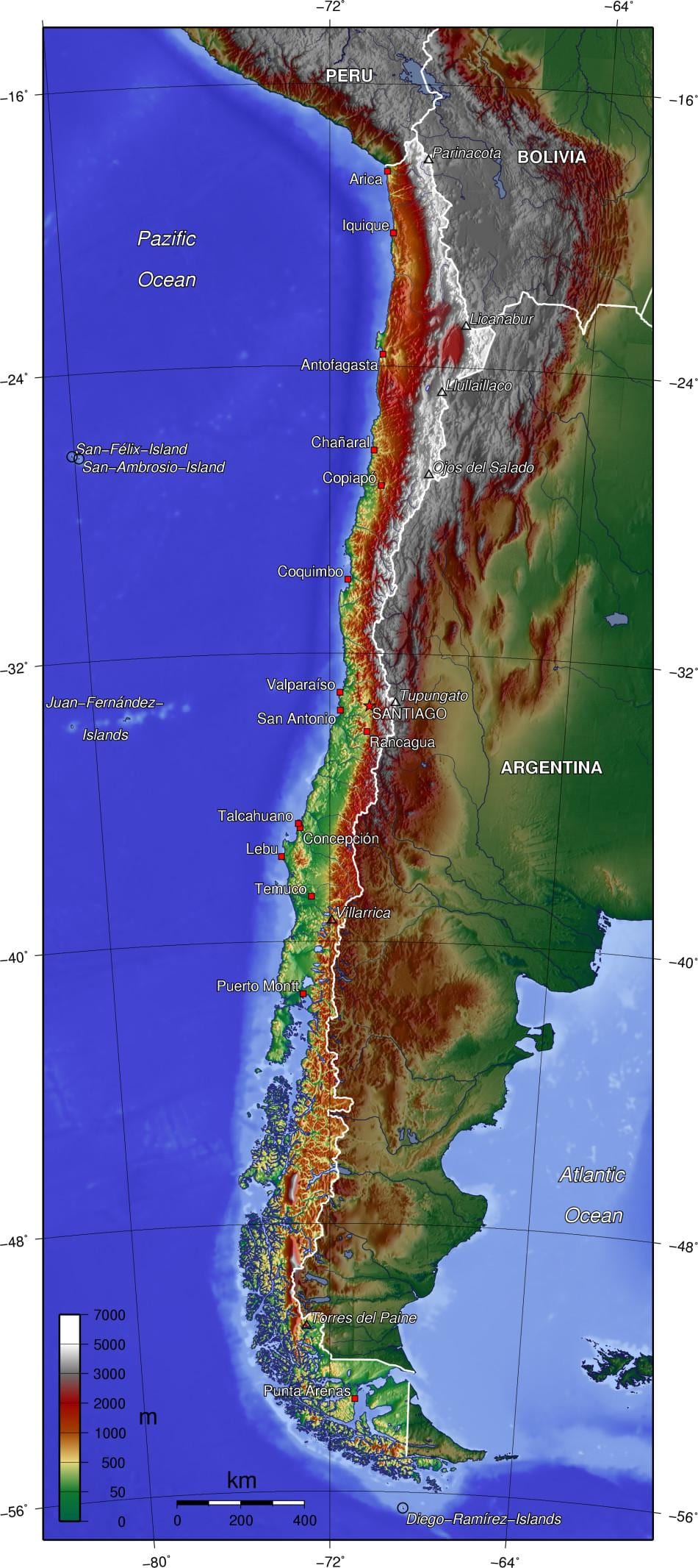 milima katika Chile ramani